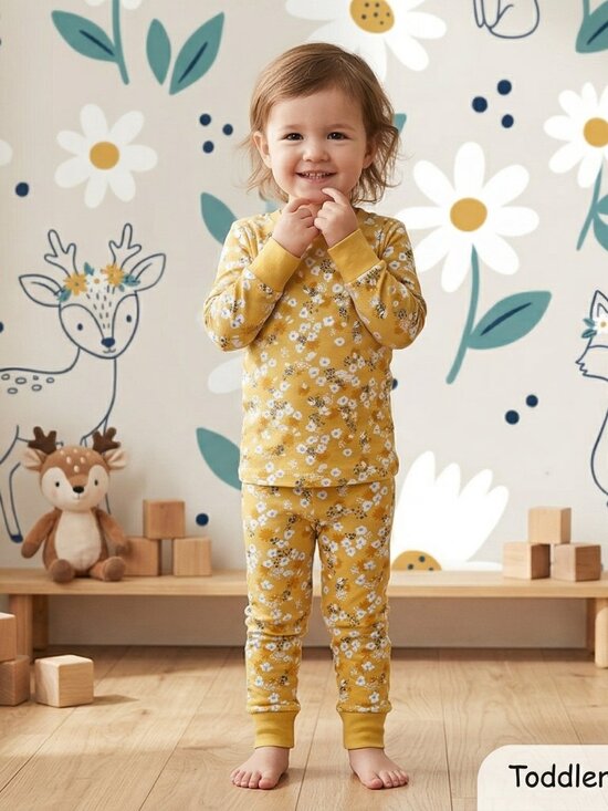 Felix & Flora Other - Toddler Girls' Mustard Yellow Floral Pajama Set - Long Sleeve Snug Fit Sleepwear